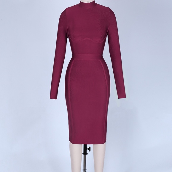 Wine High Neck Long Sleeve Bandage Dress #1325 - Picture 3 of 5